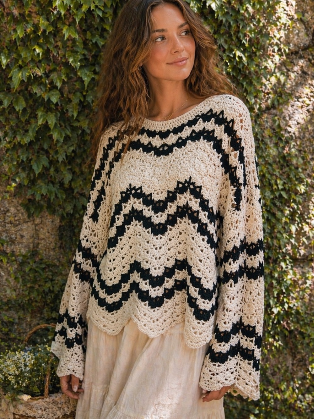 VICI Black and Cream Chevron Open Crochet Cottagecore Pullover Sweater, L